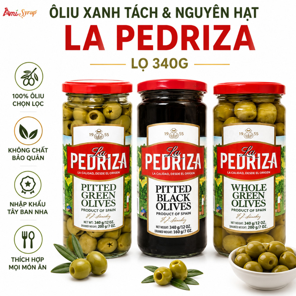 Oliu Xanh Tách Và Nguyên Hạt Hiệu La Pedriza Lọ 340g, Quả To Mọng Giòn Tan