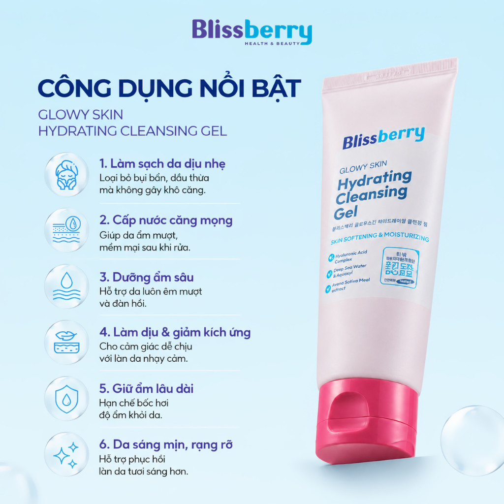 [CHO DA KHÔ] Sữa Rửa Mặt Dưỡng Ẩm, Làm Sáng Da Blissberry Glowy Skin Hydrating Cleansing Gel 100ml