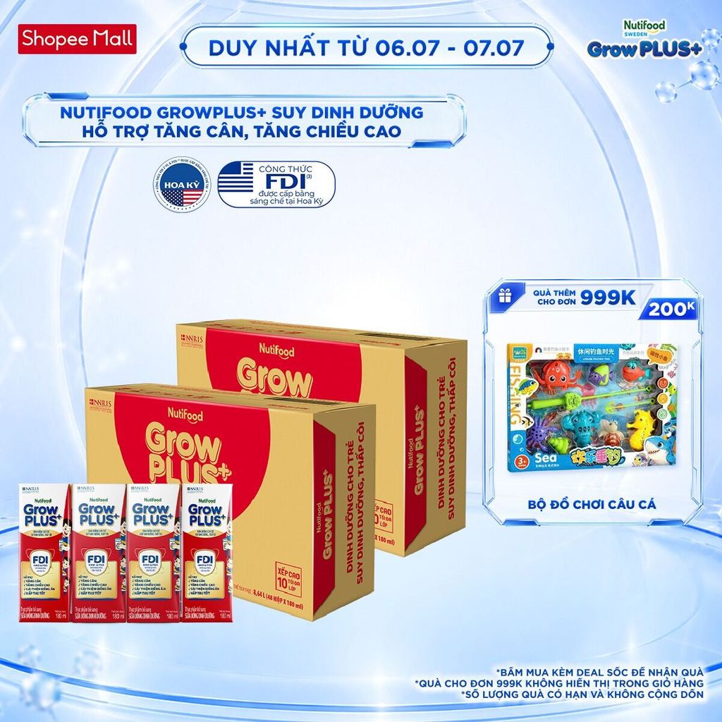 Combo 2 Thùng SBPS Nutifood GrowPLUS+ Đỏ (Suy Dinh Dưỡng) -Tăng Cân, Tăng Chiều Cao (48 Hộp x 180ml)(Bao bì tùy lô hàng)