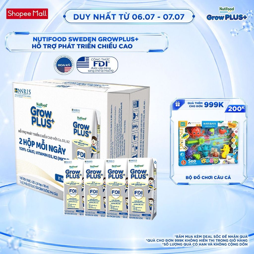 Thùng 24 hộp Sữa Bột Pha Sẵn Nutifood Sweden GrowPLUS+ Cao lớn vượt trội 24 hộp 180 ml