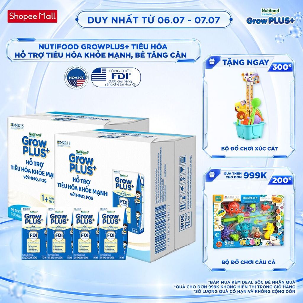 Combo 2 Sữa bột pha sẵn Nutifood Sweden GrowPLUS+ Tiêu Hóa (Xanh Nhạt) 1+ - Tiêu hóa khỏe, tăng cân (48 hộp x 110ml)