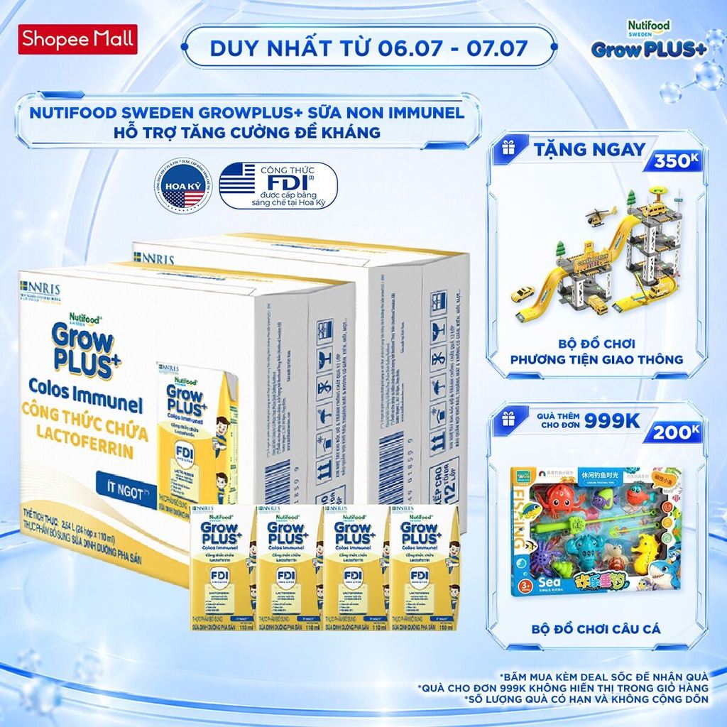 Combo 2 Thùng 24 hộp Sữa Bột Pha Sẵn Nutifood Sweden GrowPLUS+ Sữa Non Immunel hộp 110 ml (Bao bì tuỳ lô hàng)