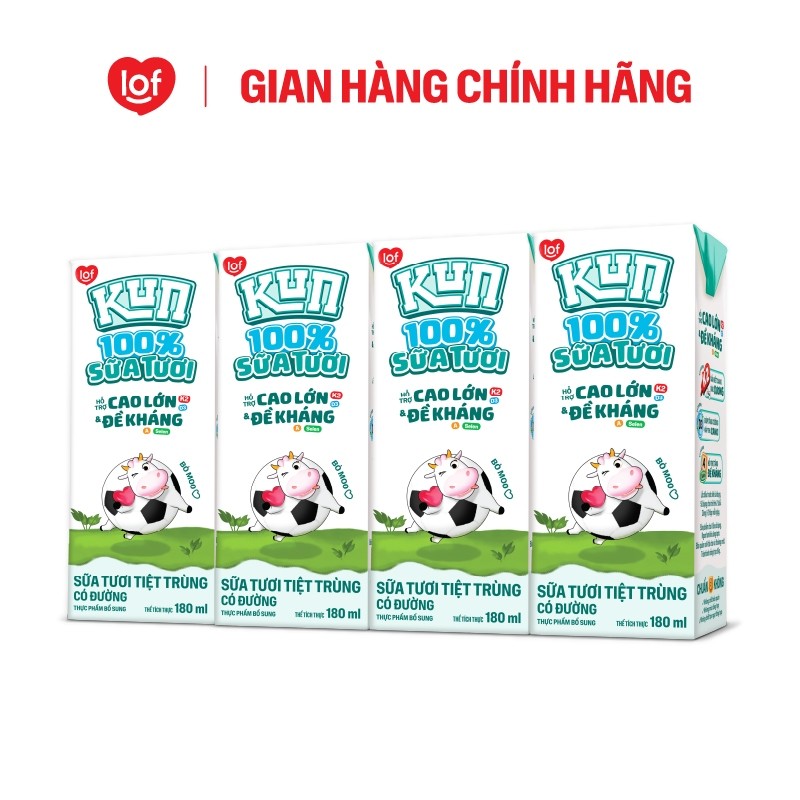 100% sữa tươi KUN có đường thùng 48  hộp x 180ml