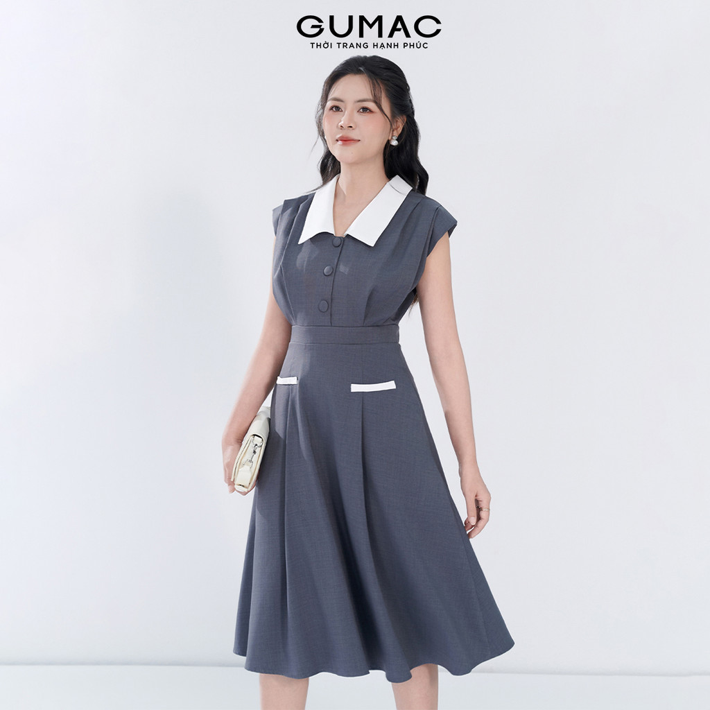 Đầm Nữ Dáng A Xòe GUMAC Có Đệm Vai Kèm Chất Linen Bố Đứng Form Phối Lá Cổ Trắng Thanh Lịch DF05054