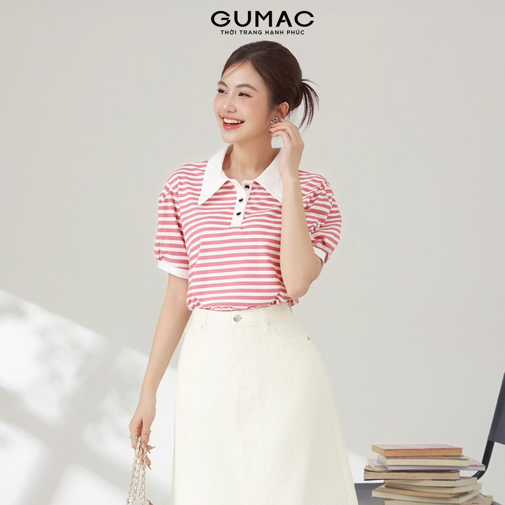 Áo Polo Nữ Tay Ngắn GUMAC Form Suông Kẻ Sọc Phối Vải Nẹp Bo Tay Trẻ Trung PLE11036