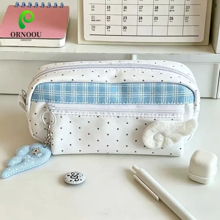 ORNOOU Túi đựng bút phong cách Hàn Quốc, Lưới lưu trữ máy tính để bàn Hộp đựng bút chì chấm cánh, Hộp đựng mỹ phẩm trang điểm Văn phòng phẩm In vải Y2k Túi văn phòng phẩm Văn phòng phẩm Văn phòng phẩm
