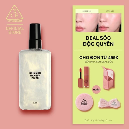 Xịt Khóa Nền 3CE Shimmer Makeup Fixer Tia Sương Mỏng Nhẹ, Bền Chắc Lâu Trôi, Hiệu Quả Giữ Ẩm Căng Bóng