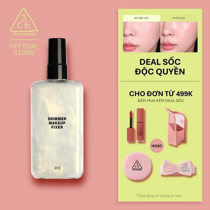 Xịt Khóa Nền 3CE Shimmer Makeup Fixer Tia Sương Mỏng Nhẹ, Bền Chắc Lâu Trôi, Hiệu Quả Giữ Ẩm Căng Bóng