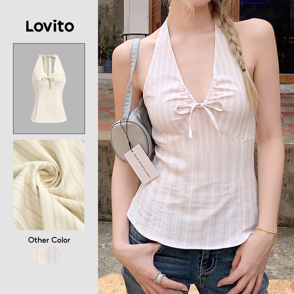Áo sát nách nữ Lovito hồng nhạt xuân hè hở lưng buộc dây hoạ tiết kẻ sọc phong cách thường ngày L136AD305