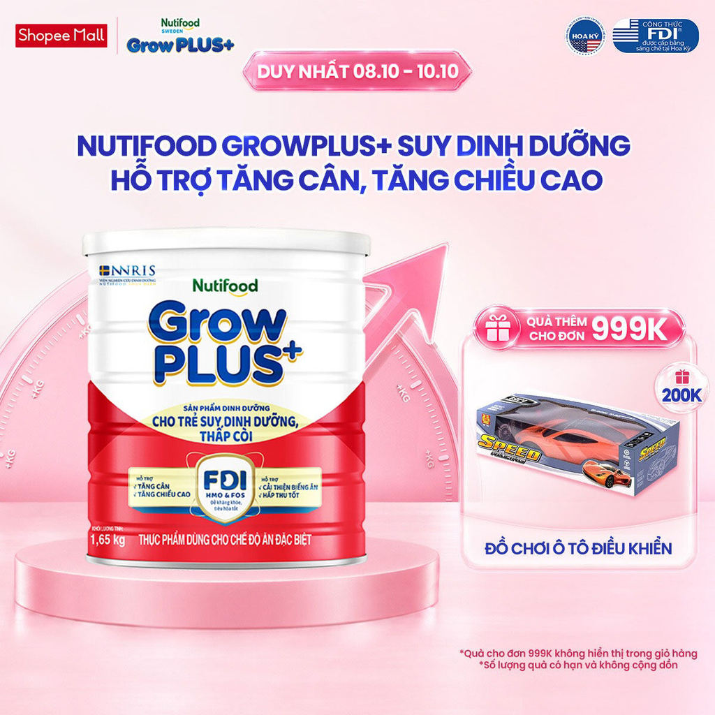 Sữa bột Nutifood GrowPLUS+ Suy Dinh Dưỡng (Đỏ) 1+ - Tăng Cân, Tăng Chiều Cao (Lon 1,65 Kg)