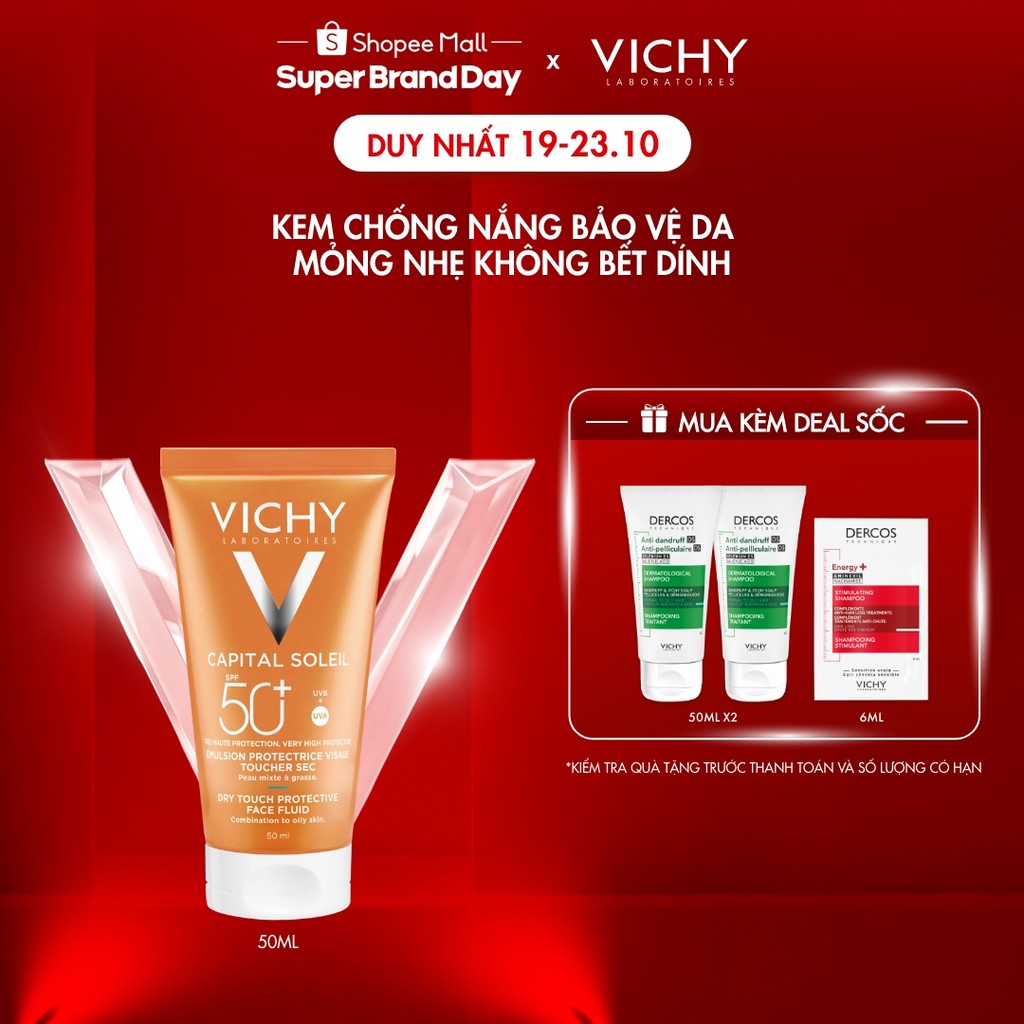 Kem chống nắng bảo vệ da mỏng nhẹ không bết dính SPF 50+ UVA & UVB Vichy Capital Soleil Dry Touch