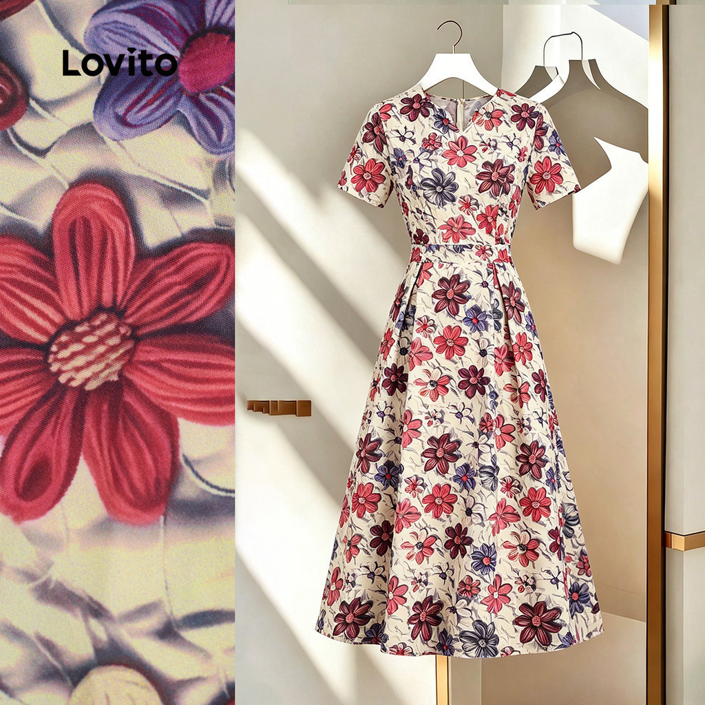 Lovito Đầm Hoa Thanh Lịch Thiết Kế Xếp Ly Mùa Xuân/Hè Cho Nữ L190ED248
