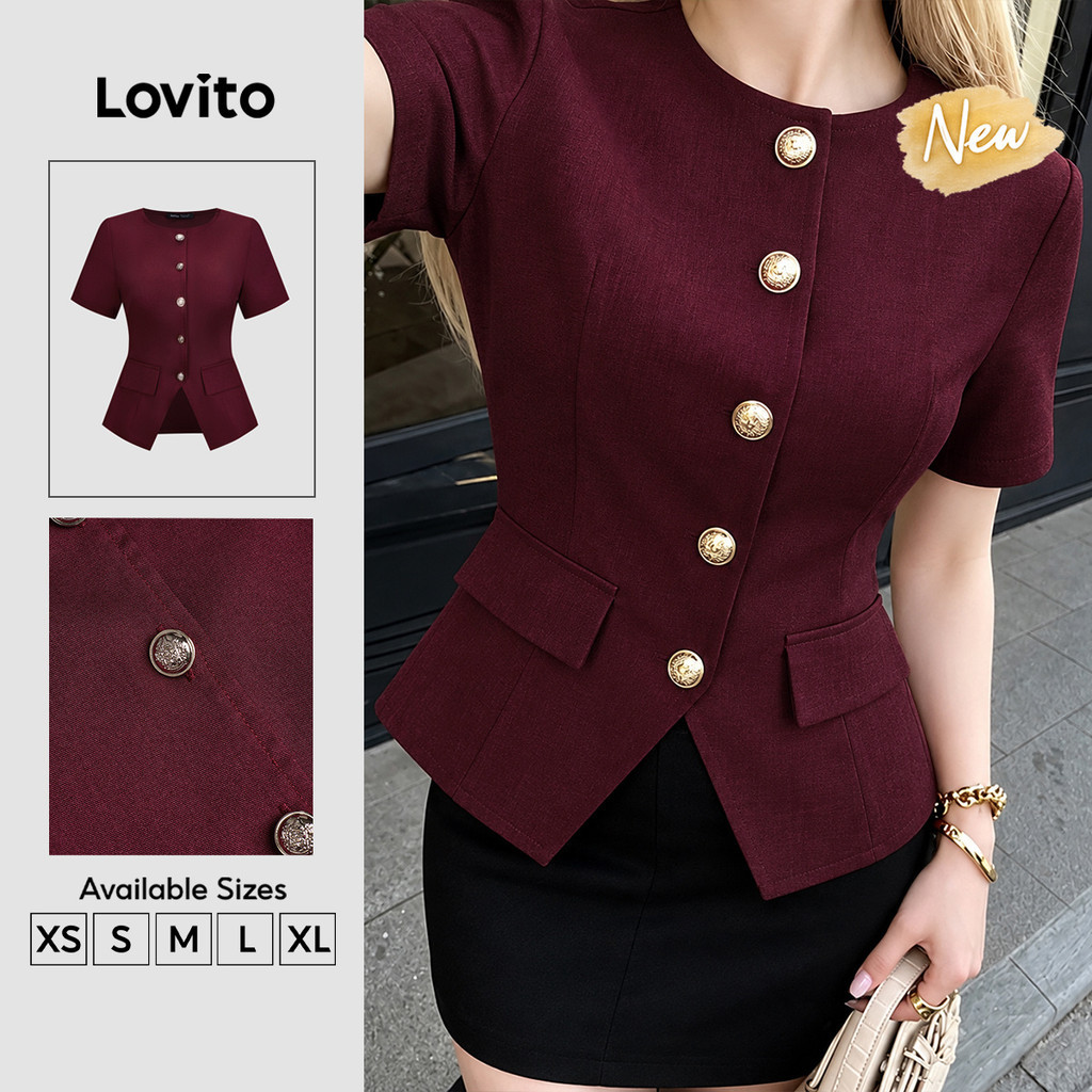 (New Arrival) Lovito Áo kiểu nữ màu đỏ Vang Thanh lịch Tay ngắn cổ tròn cài cúc túi giả mặc đi làm mùa xuân hè và Tết Nguyên đán BLK10P1D1060