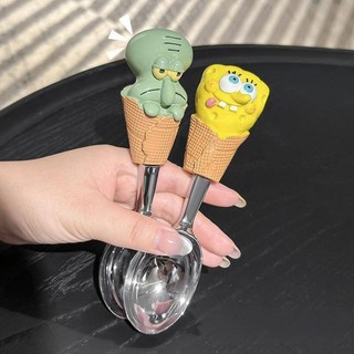 SQ2 Hoạt Hình SpongeBob SquarePants Bé Thép Không Gỉ Bộ Đồ Ăn Súp Thìa Cơm Kem Món Tráng Miệng Muỗng QS2