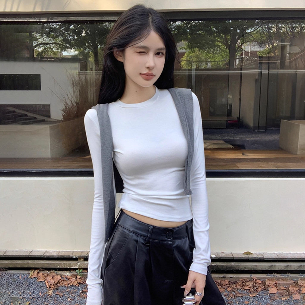 Áo Thun Nữ BABEE Tay Dài Cổ Tròn Kiểu Trơn Basic Chất Thun Co Dãn Thoải Mái Ôm Body Xinh Xắn Cá Tính