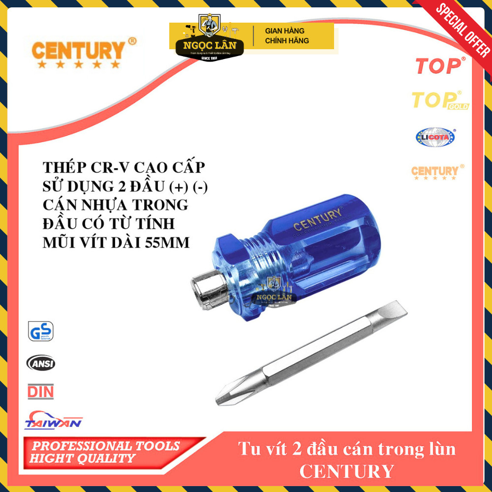 [Chính hãng] Tua vít lùn Century 2 đầu dẹp và bake 55mm có từ tính tiện lợi cao cấp