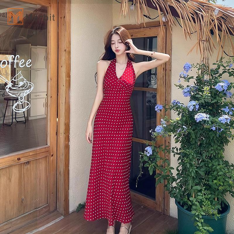 Váy dài nữ chấm bi kẻ sọc gợi cảm lưng dây, phù hợp mùa hè mới