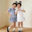 ✿ Bé Gái Hàn Quốc Preppy Puff Tay Đầm Nút Xuống Cổ Xù Viền Mùa Hè Thoáng Khí Trang Phục