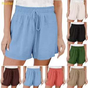 Pealike Nữ Vải Lanh Cotton Quần Short Co Giãn Eo Xếp Ly Đi Biển Quần Short Dây Rút Thường Ngày Ống Rộng Quần Ngắn