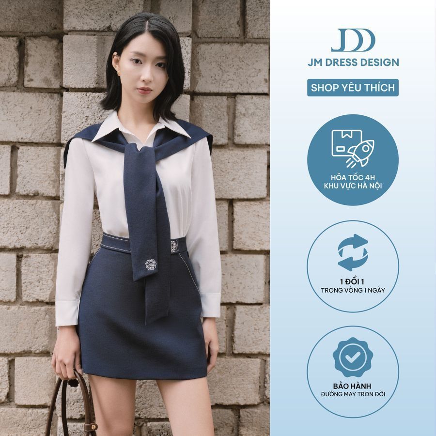 Set Áo Sơ Mi Cổ Đức Khăn Choàng 2S27.2508K, Chân Váy Chữ A Diễu Chỉ Cạp Bong 4S24.2508K, Set Đồ Công Sở Nữ Thanh Lịch JM
