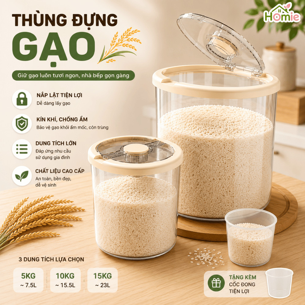 Thùng Đựng Gạo Nắp Lật Tròn Dung Tích Lớn HOMIE, Hộp Đựng Ngũ Cốc Kín Khí Chống Ẩm Mốc Côn Trùng Nhựa PP Cao Cấp