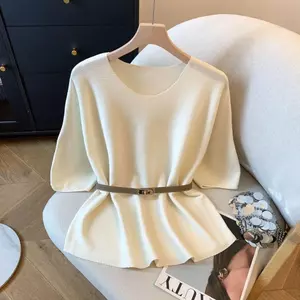 Áo len ngắn tay lụa băng cổ tròn kiểu Pháp dành cho nữ Thiết kế mùa hè Niche Phong cách tiền cũ dáng rộng nửa tay rộng hẹp