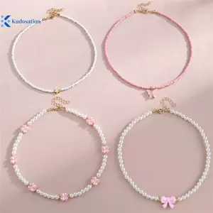 Kudosation 4 Cái / bộ Trang Sức Màu Hồng Tình Yêu Bướm Mặt Dây Chuyền Giả Ngọc Trai Hạt Gạo Handmade Đính Hạt Trẻ Em Nelace Người Bạn Quà Tặng Đẹp