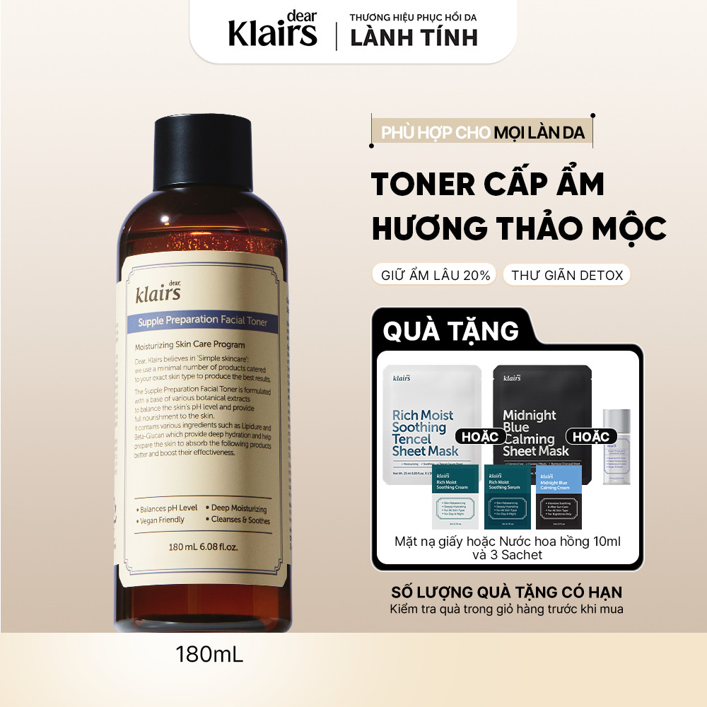 Nước hoa hồng Dear, Klairs Supple Preparation Facial Toner hỗ trợ làm sáng da 180ml [FS]