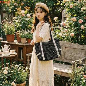 Túi đeo vai chấm bi THEGIRL8B, túi tote vải canvas cỡ lớn ngọt ngào, túi xách bền nhiều ngăn Y2K đi học