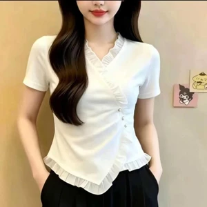 Áo thun viền lá sen dành cho nữ, mùa hè phong cách mới, giảm béo, thời trang, giản dị, thon gọn vừa vặn dành cho nữ