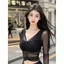 Đầu thu nhẹ nhàng dành cho con gái sang trọng Áo thun dài tay cổ chữ V ngắn Slim-Fit Pure Desire Gợi cảm Niche Celebr
