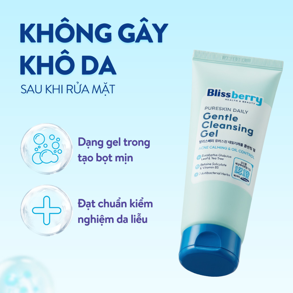 [DA DẦU MỤN] Sữa Rửa Mặt BHA PH 5.5 Dịu Nhẹ Giảm Mụn+ B5 Duy Trì Độ Ẩm Blissberry Daily Gentle Cleansing Gel 100ml