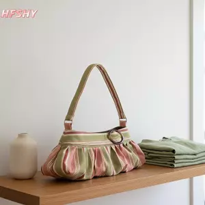 HFSHY Sọc Vải Xếp Ly Túi Đeo Vai Gỗ Trang Trí Vòng Di Động Mềm Vải Tote Cho Nữ Đi Bộ Đường Dài Ngoài Trời Dailymute VN