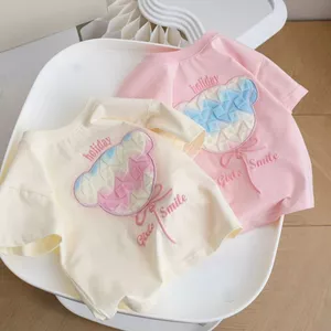 Bé Gái Hoạt Hình Cotton Nguyên Chất Tay Ngắn Mùa Hè 2026 Ba Chiều Gấu Bé Gái Thời Trang Ngọt Ngào Áo Thun EU03