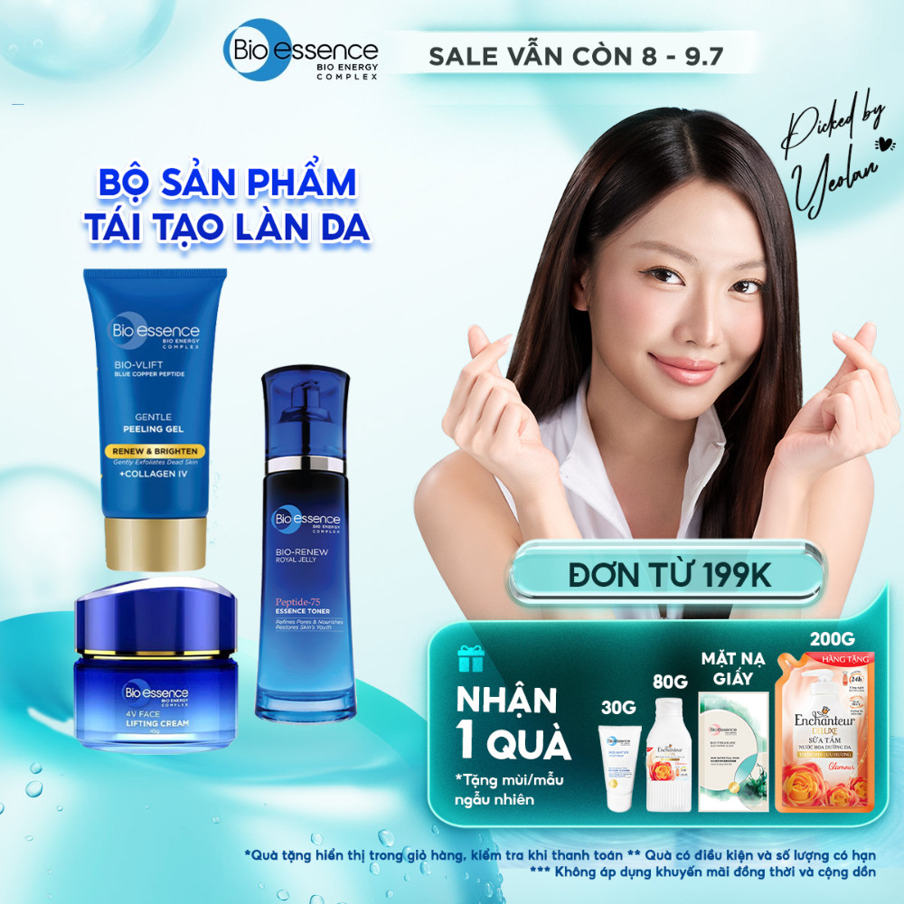 Bộ Bio-essence Renew – Tái tạo da: Gel Tẩy tế bào chết 60g, Sữa rửa mặt 100g, Kem nâng cơ 45g, Toner 100ml