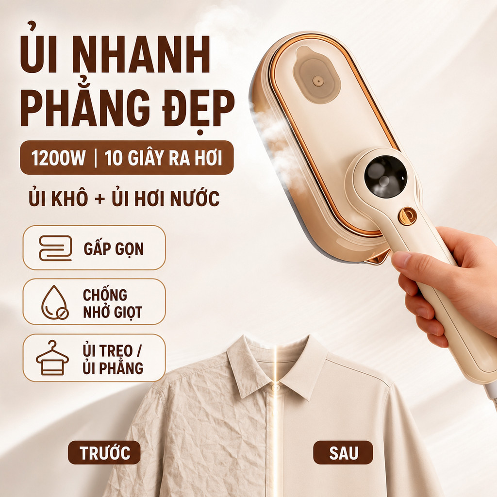 Bàn Ủi Hơi Nước Cầm Tay Mini 1200W, Làm Phẳng Quần Áo Nhanh, Ủi Treo Ủi Phẳng 2 Trong 1, Bình Nước 160ml