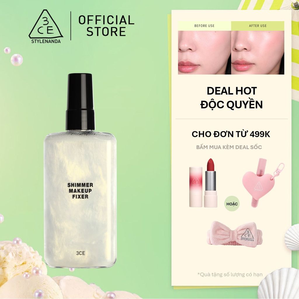 Xịt Khóa Nền 3CE Shimmer Makeup Fixer Tia Sương Mỏng Nhẹ, Bền Chắc Lâu Trôi, Hiệu Quả Giữ Ẩm Căng Bóng