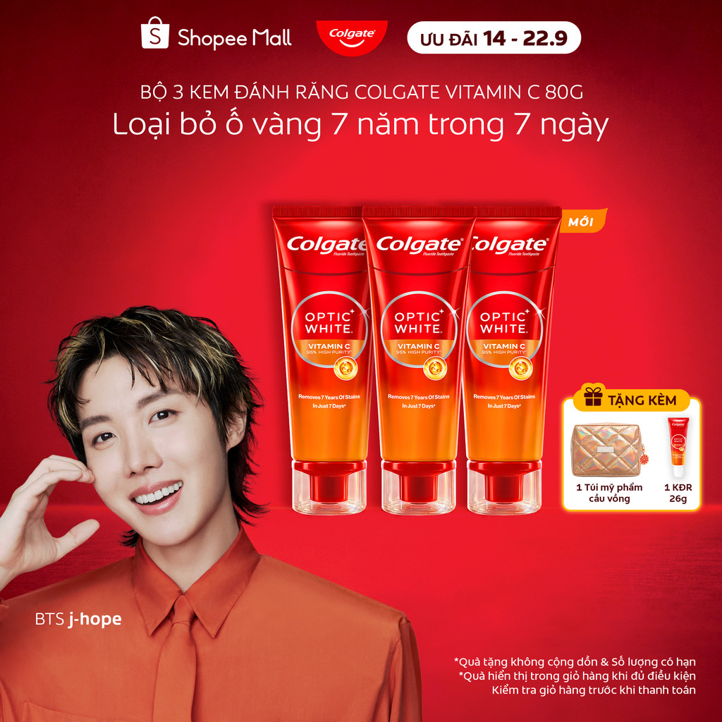 Bộ 3 Kem đánh răng Colgate trắng răng Optic White Vitamin C độ tinh khiết cao, loại bỏ vết ố cứng đầu trong 7 ngày 80g
