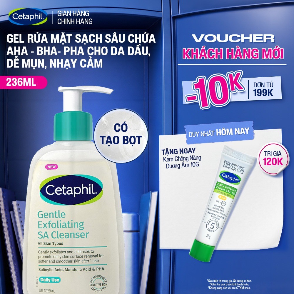 [MỚI] Gel rửa mặt làm sạch dầu nhờn, ngăn mụn cho da dầu nhạy cảm CETAPHIL GENTLE EXFOLIATING SA CLEANSER 236ml