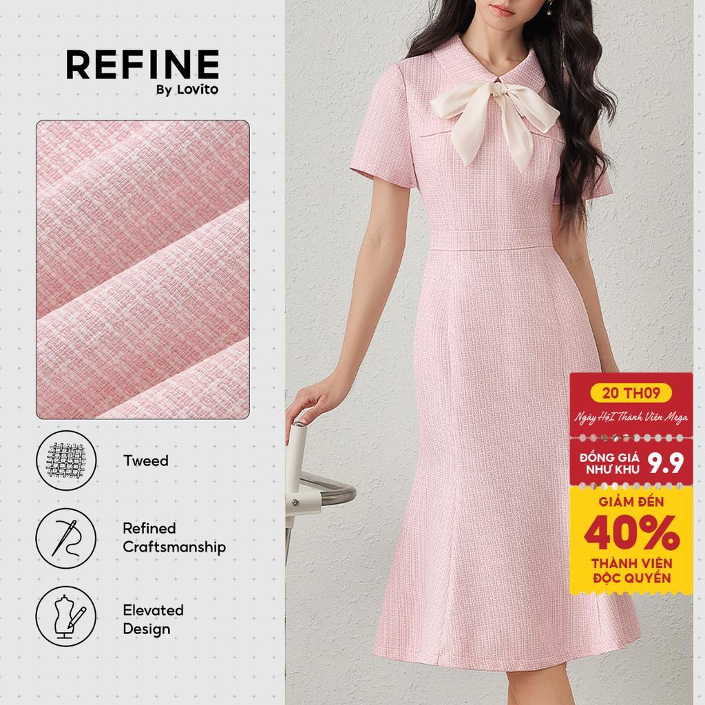 (Refine by Lovito)Váy công sở Tweed buộc dây trước đường nét cấu trúc tinh tế váy nữ hồng xuân hè DRR42P1D055