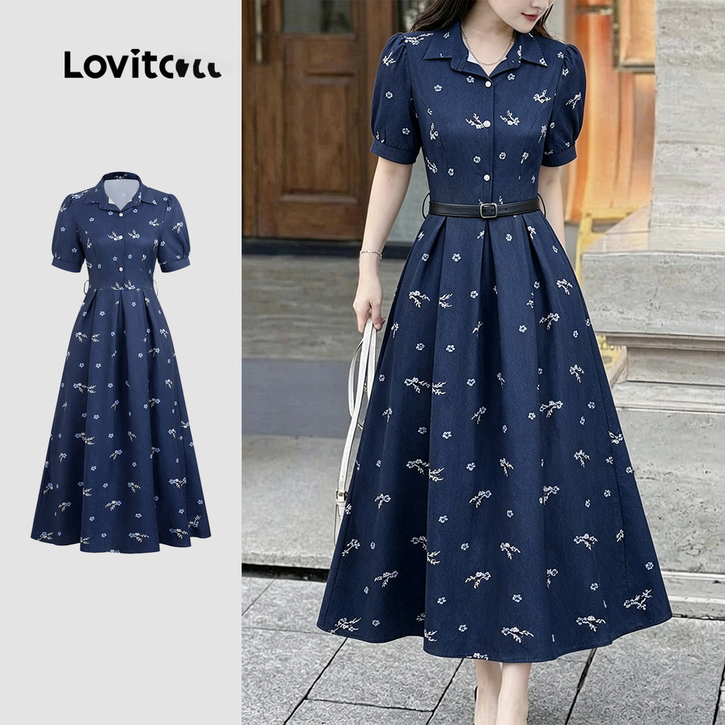 Lovito Đầm phong cách thường ngày có nút xếp ly khóa kéo mùa xuân/hè màu xanh navy cho nữ DRBR37BR184