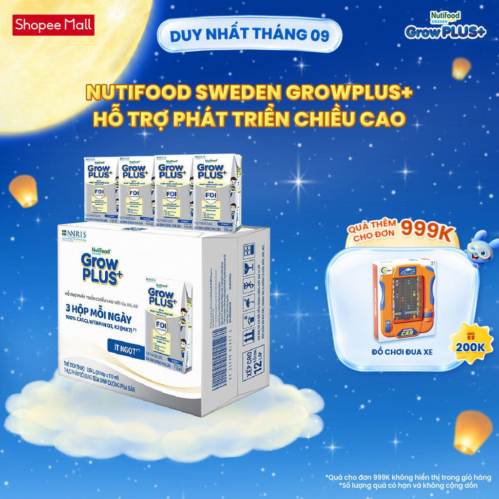 Thùng 24 hộp Sữa Bột Pha Sẵn Nutifood Sweden GrowPLUS+ Cao lớn vượt trội Height hộp 110 ml