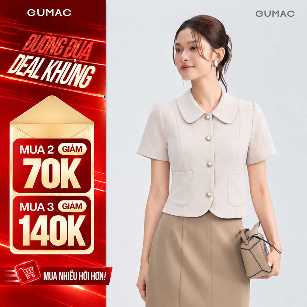 [VOUCHER 25K] Áo Kiểu Nữ Tay Ngắn GUMAC Cổ Sen Phối 2 Túi Chữ U Dáng Ôm Rã Decup Thanh Lịch LAG08111