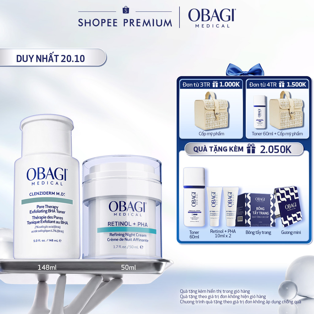 [Voucher SVIP 18%] Bộ đôi Kem Dưỡng Đêm Obagi Retinol + PHA 50ml và Toner Obagi Clenziderm M.D. Exfoliating 2% BHA 148ml