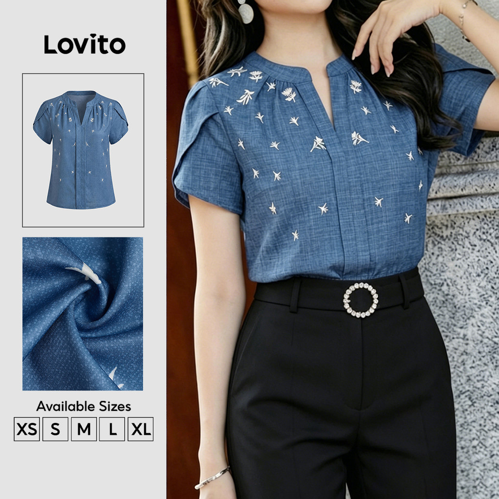 Lovito Áo Sơ Mi Nữ Cổ V Tay Ngắn Họa Tiết Hoa Mùa Xuân Hè Màu Xanh Hải Quân Thanh Lịch Dành Cho Công Việc BLB201P1D160