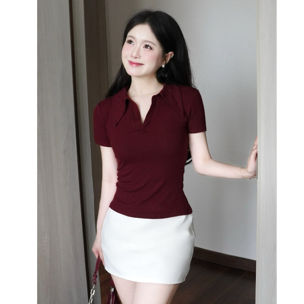 Áo thun nữ cổ sơ mi cotton mịn form ôm phong cách Polo JUSTDUN E21