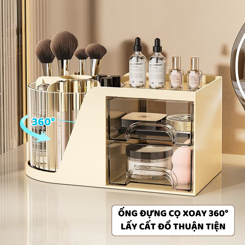 Khay Đựng Đồ Trang Điểm Để Bàn ENODA HOME, Khay Đựng Đồ Makeup Kèm Ống Đựng Cọ Xoay Tròn P056