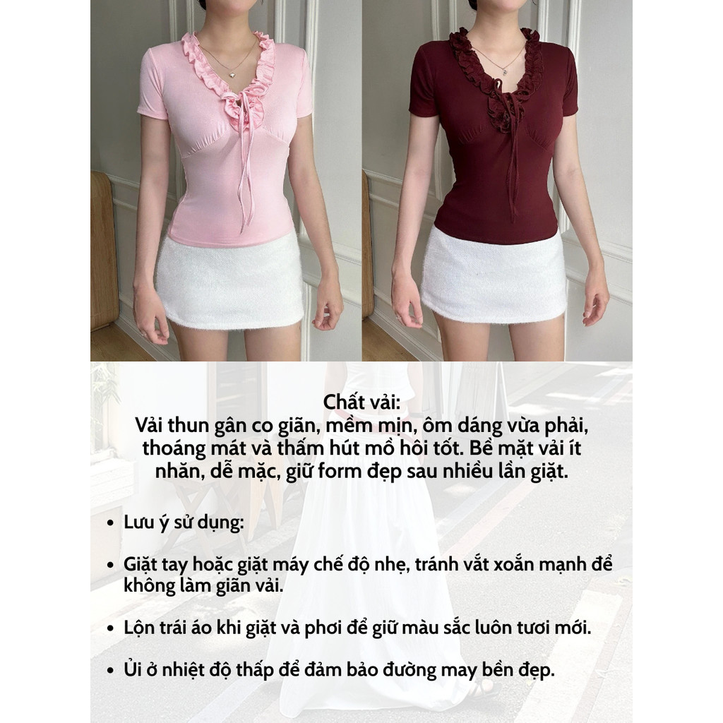 Áo Thun Nữ Cổ V Nhún Bèo Thắt Nơ Chất Cotton Mịn Ôm Body, Tôn Dáng Xinh Xắn_A689 -Sammi