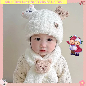 Mũ Len Gấu 3D Lông Cừu AKubi Cho Bé Kèm Khăn Quàng Cổ 5-24 Tháng
