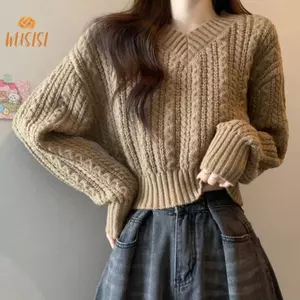 Áo len dệt kim ngắn tay cổ chữ V cổ điển, thời trang dành cho nữ
